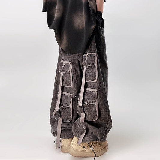 Washed Multi-Pocket Wide Leg Denim Jeans WN23998