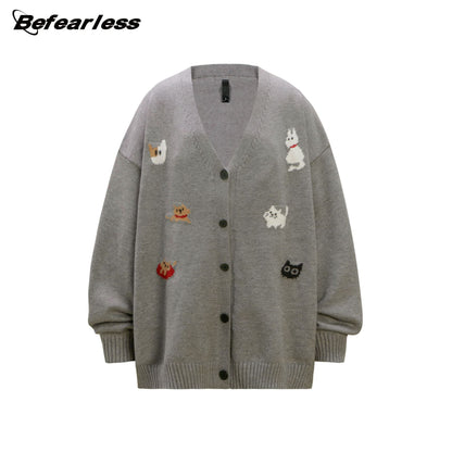 Cartoon Jacquard Oversize Knit Cardigan WN26380