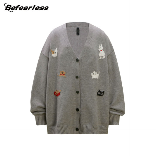 Cartoon Jacquard Oversize Knit Cardigan WN26380