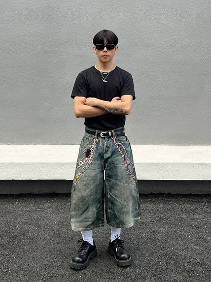 Digital Print Washed Wide Leg Half Denim Jeans WN19520