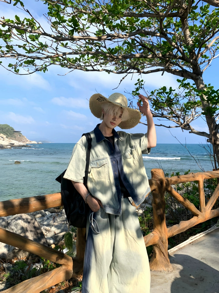 Paint Denim Short Sleeve Shirt & Wide Leg Denim Jeans Setup WN19866