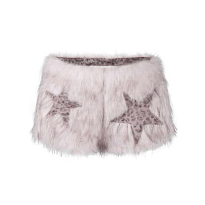 Fake Fur Ear Detail Star Hooded Puffer Jacket & Leopard Print Fake Fur Trim Halter Tank Top & Fake Fur Star Short Pants Setup WN22785