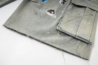 Sticker Paint Cargo Half Denim Jeans WN26747