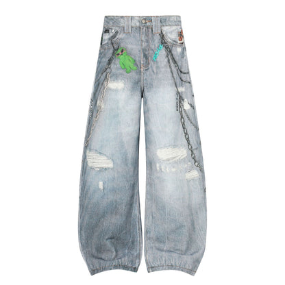 Washed 3D Print Curved Wide Leg Denim Jeans WN25920