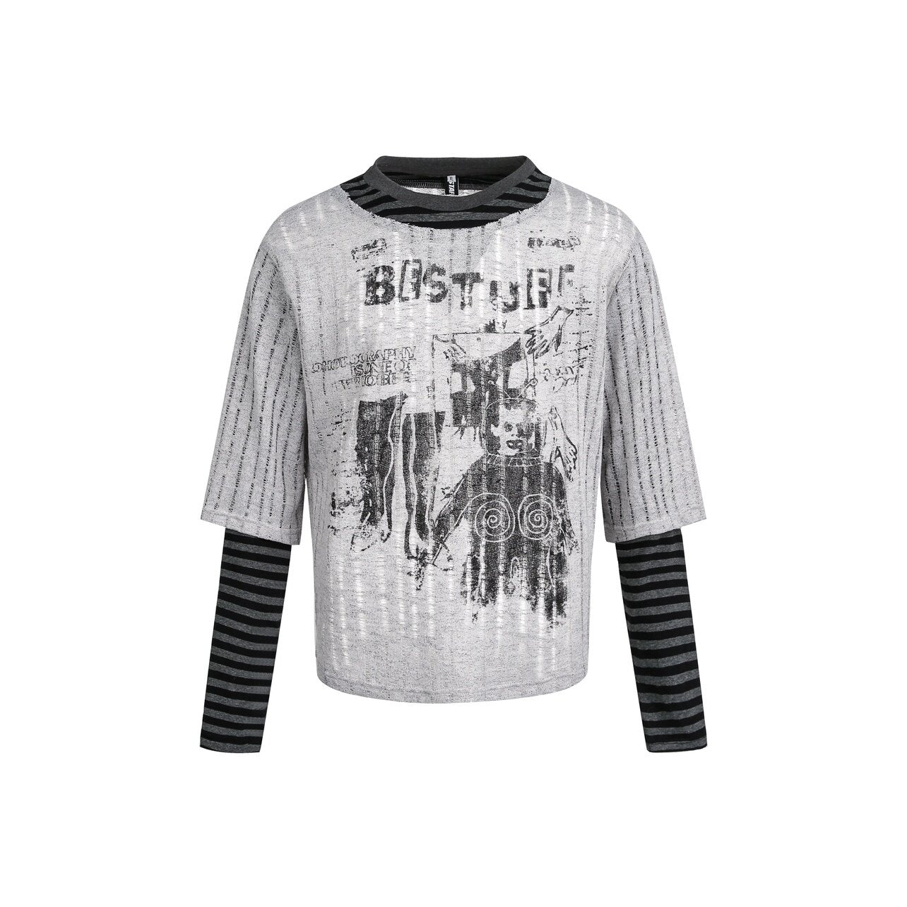 Fake Layered  Stripe Graphic Print Long Sleeve T-Shirt WN24465
