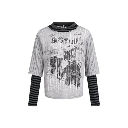 Fake Layered  Stripe Graphic Print Long Sleeve T-Shirt WN24465