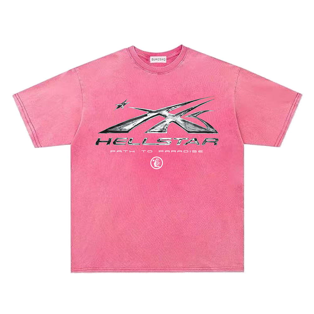 Washed Metal Letter Star Print Short Sleeve T-Shirt WN26912