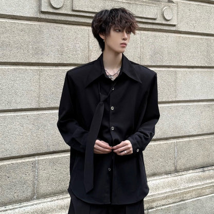 With Tie Shoulder-Pad Wrinkle-Resistant Oversize Long Sleeve Shirt WN23182