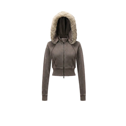 Fake Fur Lining Zip-Up Cropped Zipper Hoodie WN23115