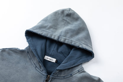 Washed Damage Print Boxy Zipper Hoodie WN25868