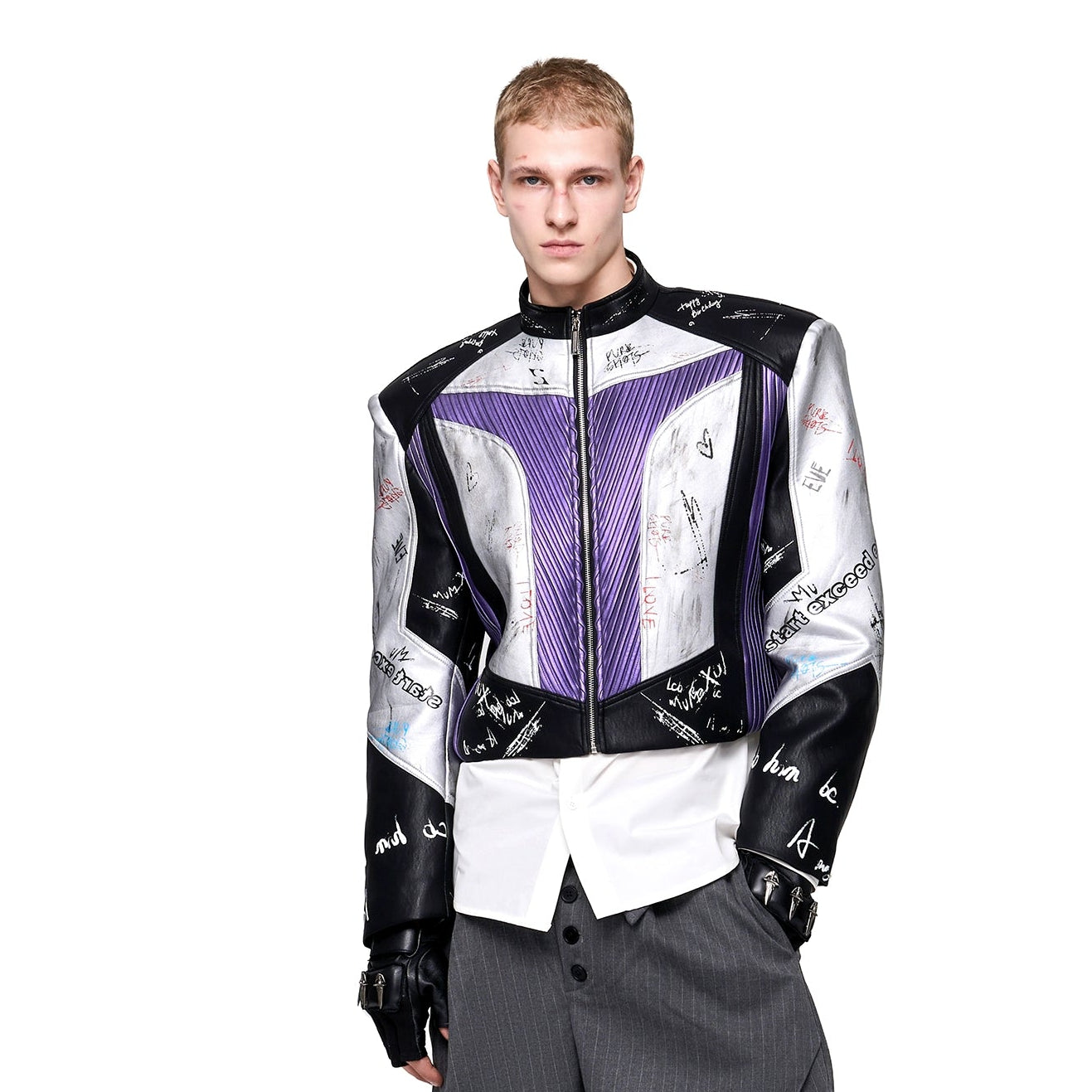 Graffiti Logo Print Stand Neck Patchwork PU Leather Short Jacket WN21808