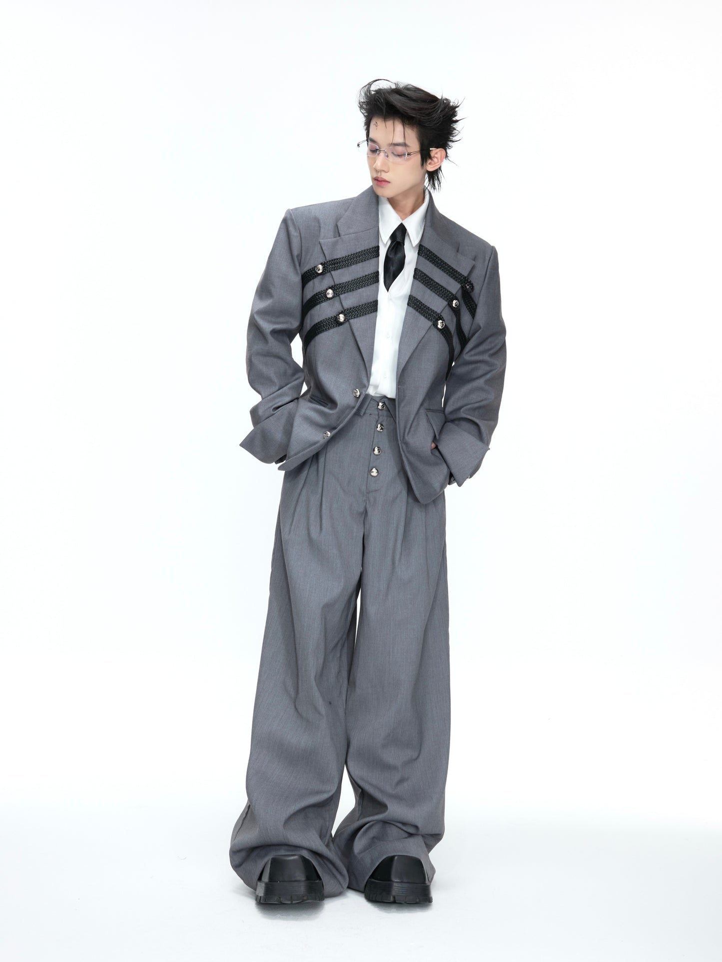 Braided Leather Double-Breasted Shoulder Pad Tailored Jacket & Wide Leg Trousers Setup WN26973