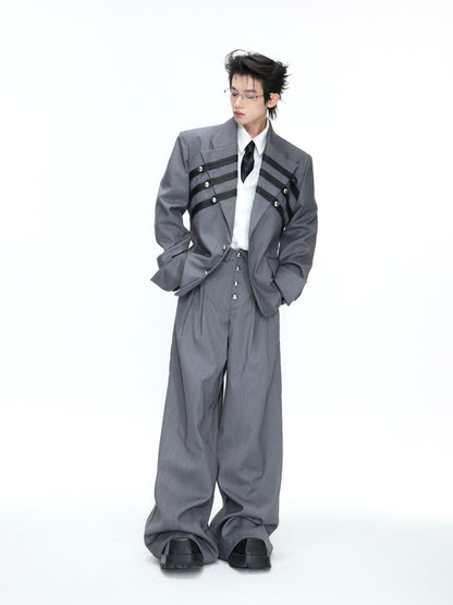 Braided Leather Double-Breasted Shoulder Pad Tailored Jacket & Wide Leg Trousers Setup WN26973