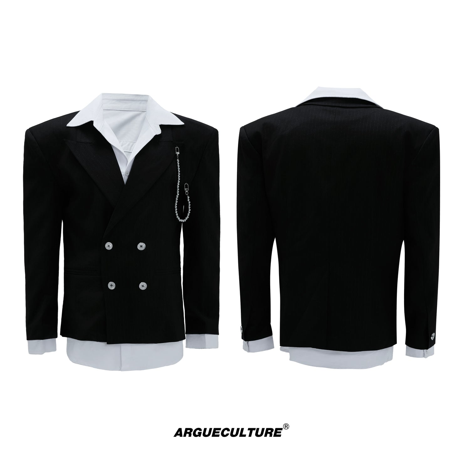 Pearl Chain Waist-Fitted Shoulder-Pad Double Layer Tailored Jacket & Trousers Setup WN21730