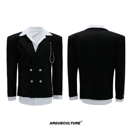 Pearl Chain Waist-Fitted Shoulder-Pad Double Layer Tailored Jacket & Trousers Setup WN21730