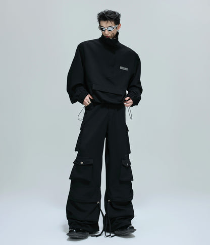 Standing-Collar Short Sweatshirt & Cargo Sweatpants Setup WN21754