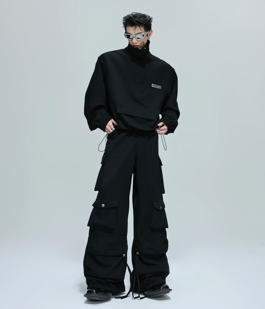 Standing-Collar Short Sweatshirt & Cargo Sweatpants Setup WN21754