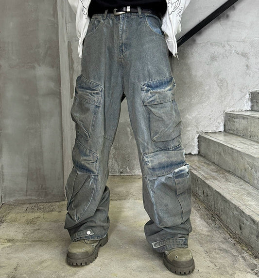 Dye Washed Multi-Pocket Straight Cargo Denim Jeans WN21167