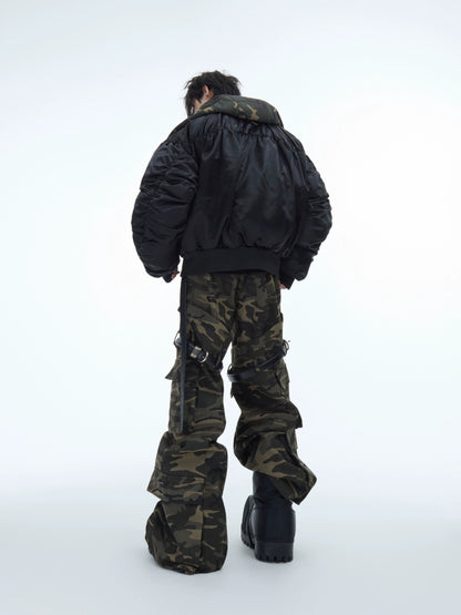 Washed Belt Design Camouflage Flare Cargo Pants WN10871