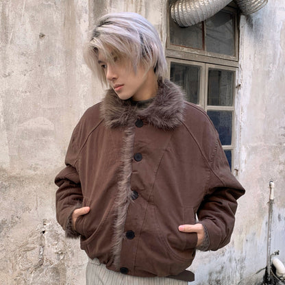Deconstructed Washed Fake Fur-Collar Front Button Jacket WN22202