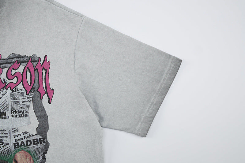Washed Portrait Letter Print Short Sleeve T-Shirt WN25764