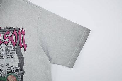 Washed Portrait Letter Print Short Sleeve T-Shirt WN25764