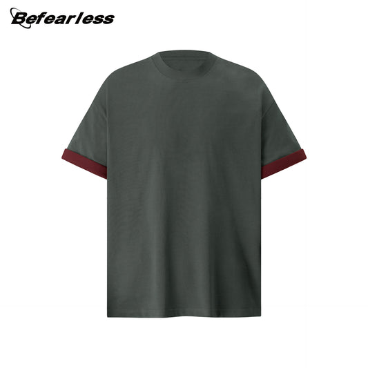 Contrast Cuff Fake Layered Boxy Oversize Short Sleeve T-Shirt WN26301