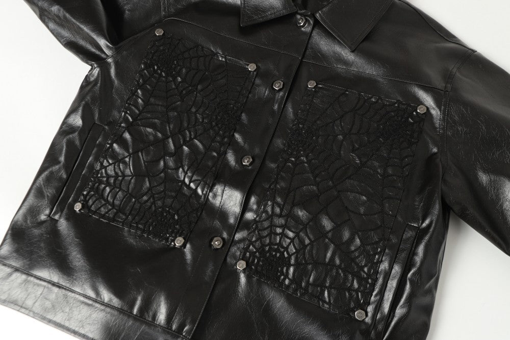 Shoulder-Pad Spider Web PU Leather Jacket Wide Leg Pants Setup WN27913