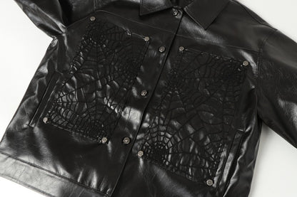 Shoulder-Pad Spider Web PU Leather Jacket Wide Leg Pants Setup WN27913
