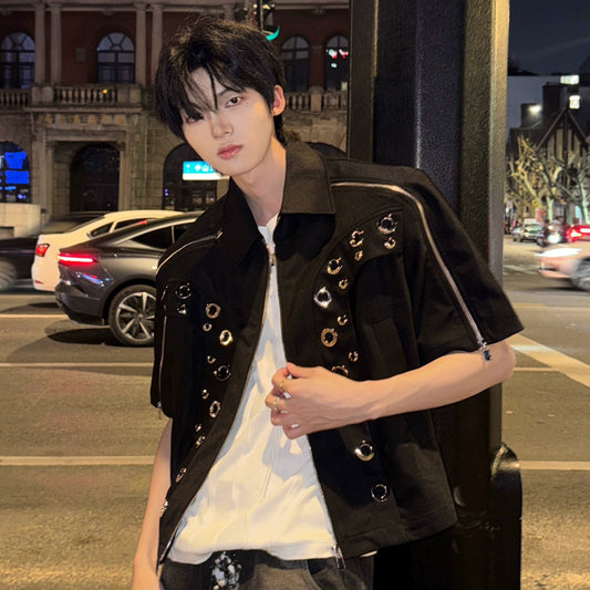 Metal Hollow Shoulder-Pad Zipper Jacket WN20739