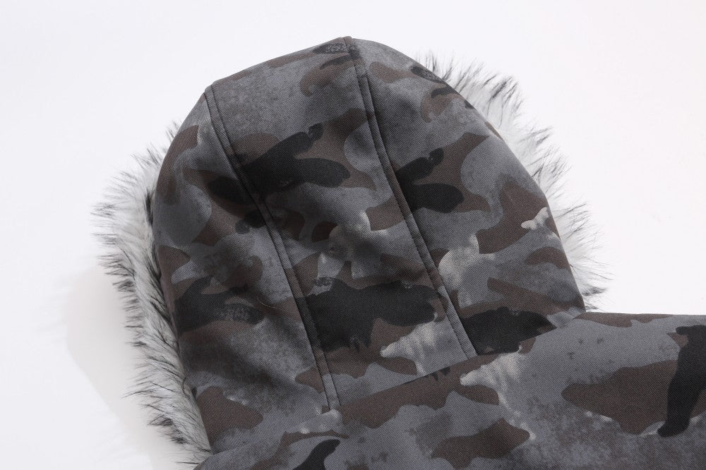 Camouflage Fake Fur Collar Multi-Zipper Short Puffer Jacket WN27891