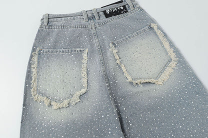 Fringe Rhinestone Wide Leg Half Denim Pants WN25612