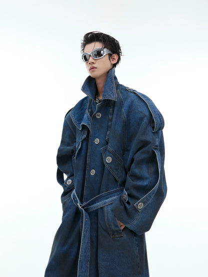 Double Layered Shoulder Pad Long Denim Coat WN8044