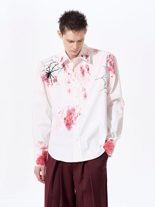 Spider Embroidery Fishbone Shoulder-Pad Long Sleeve Shirt WN23273