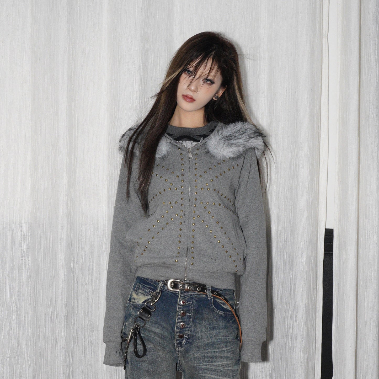 Fake Pearl Studs Detachable Fur Collar Oversize Zipper Hoodie WN22235