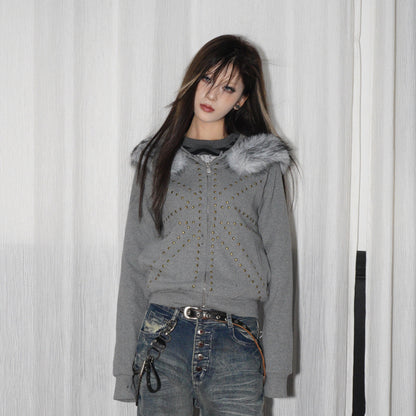 Fake Pearl Studs Detachable Fur Collar Oversize Zipper Hoodie WN22235