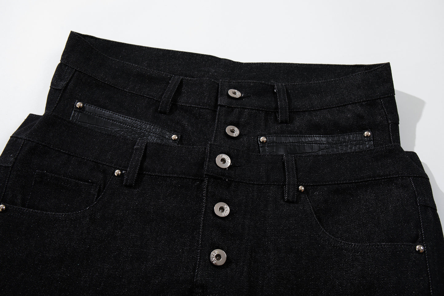 Rivet Leather Patchwork Wide Leg Denim Jeans WN23050