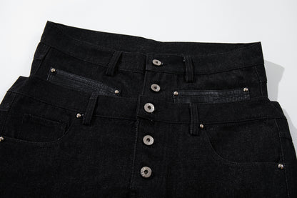 Rivet Leather Patchwork Wide Leg Denim Jeans WN23050