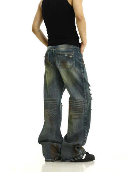 Damage Yellow Mud Straight Leg Denim Jeans WN8272