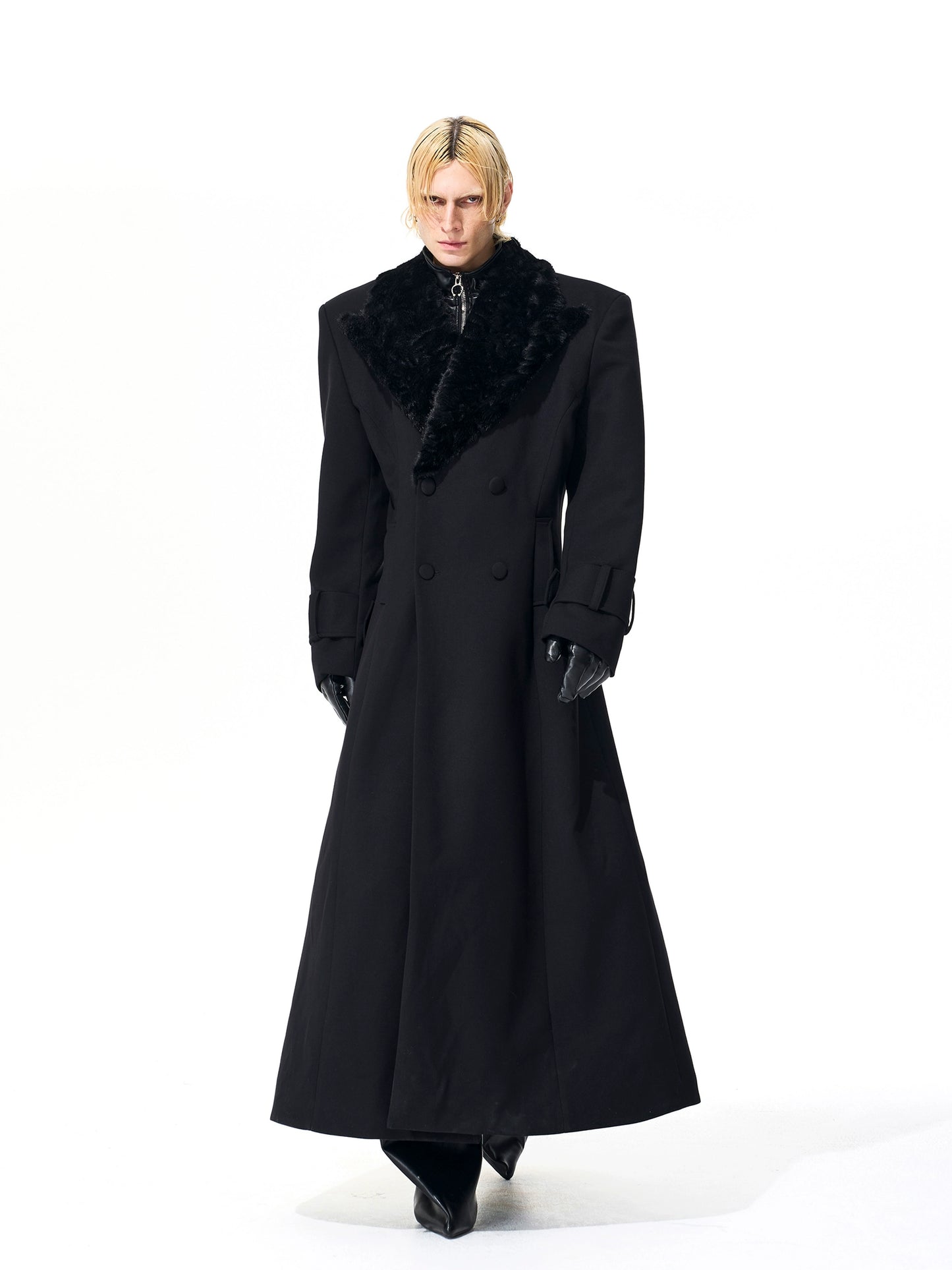 Fur-Collar Patchwork Double-Breasted Long Tailored Coat WN21840