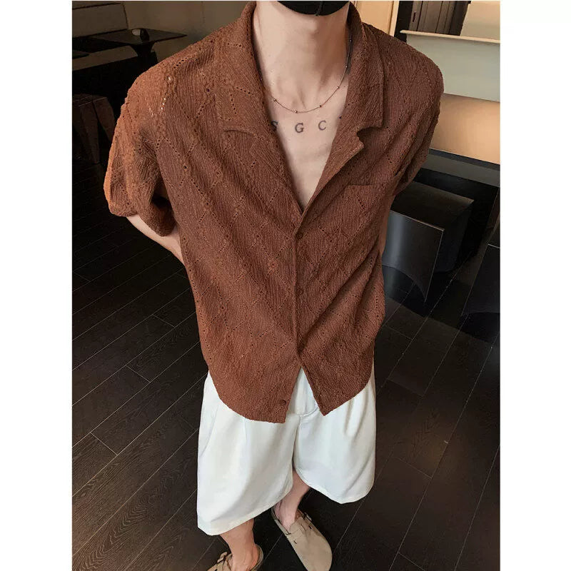 Cuban Collar Jacquard Short Sleeve Shirt WN19297