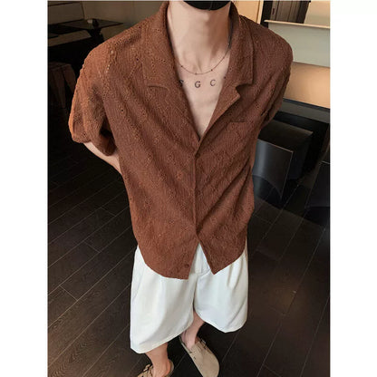 Cuban Collar Jacquard Short Sleeve Shirt WN19297