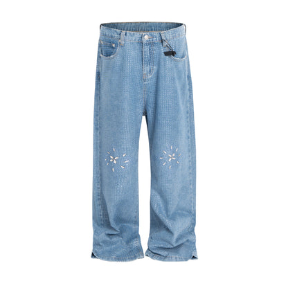 Rhinestone Embroidery Wide Leg Denim Jeans WN24086