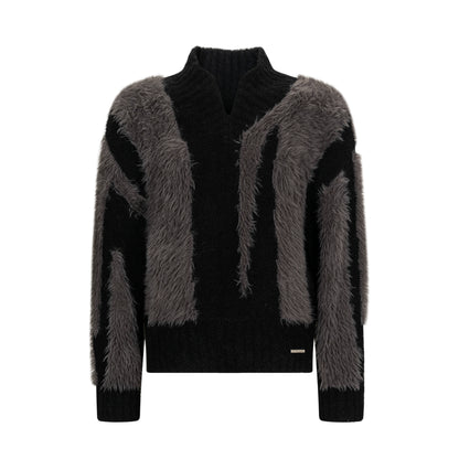 Fake Fur Patchwork Shaggy V-Neck Knit Sweater WN10694