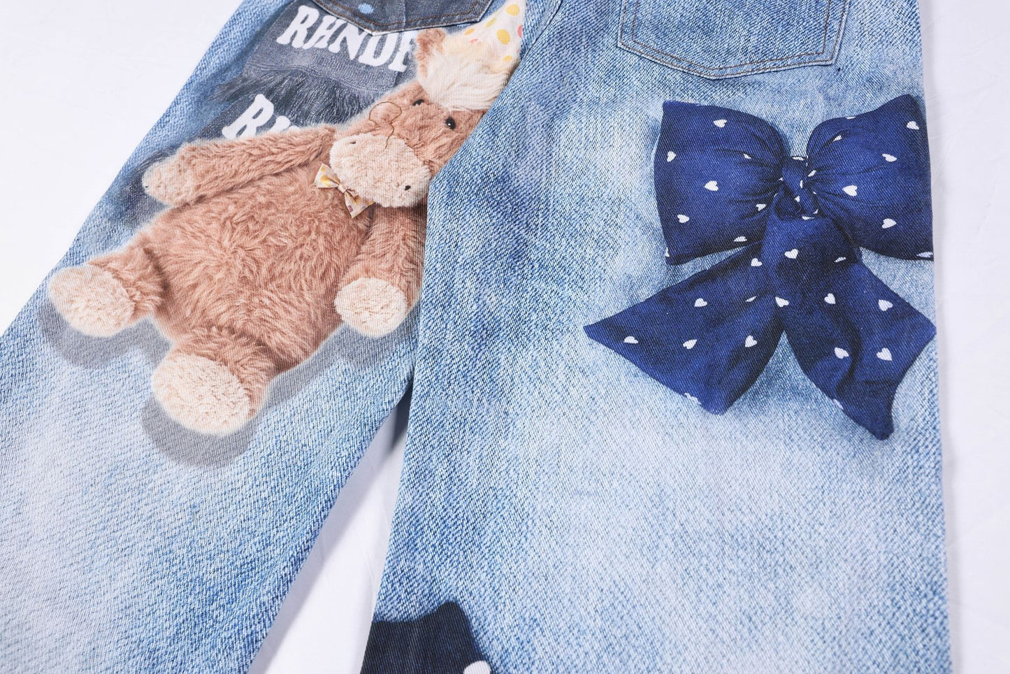 Washed 3D Character Print Wide Leg Denim Jeans WN25975
