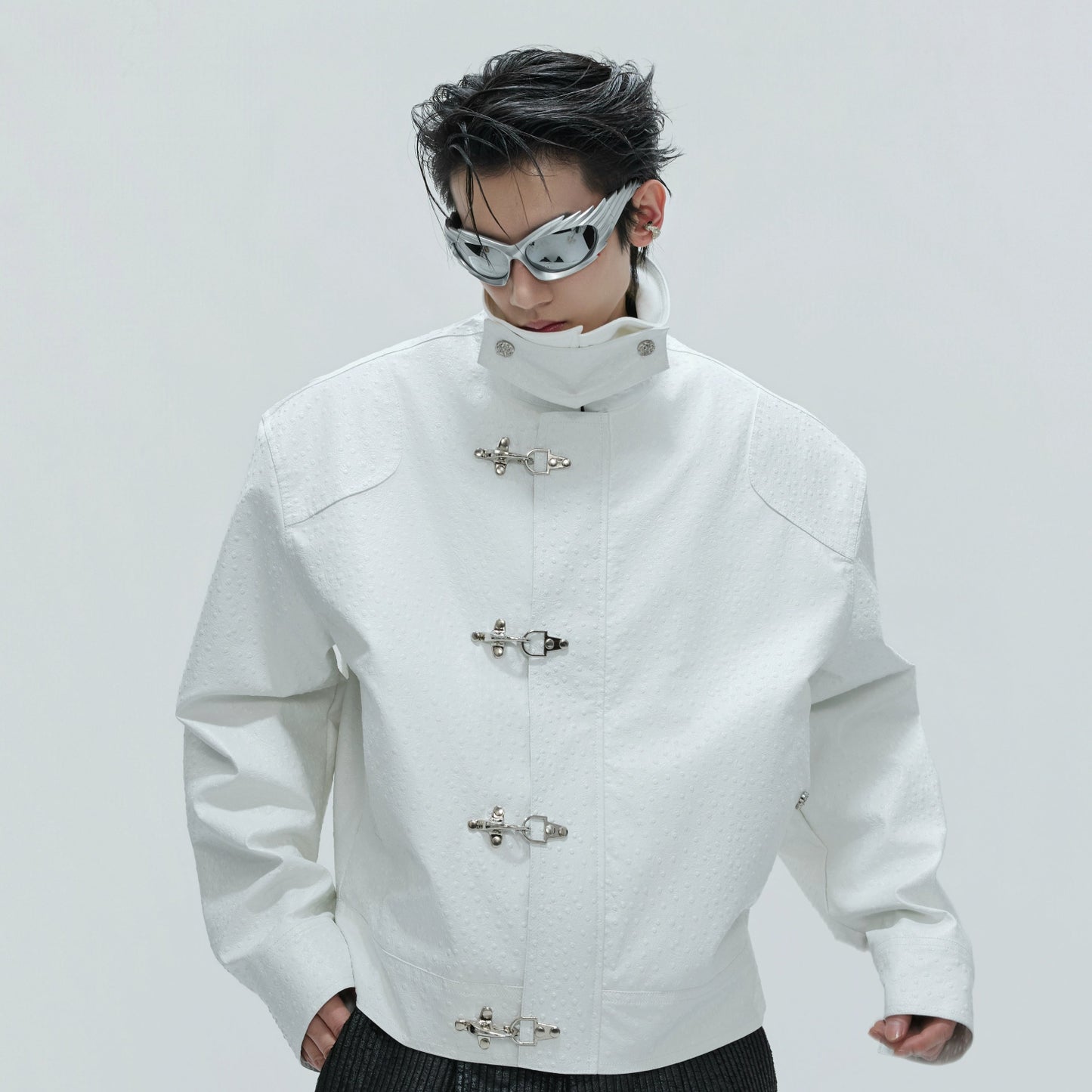 Ostrich Texture Fleece Lining Thick PU Leather Jacket WN21727