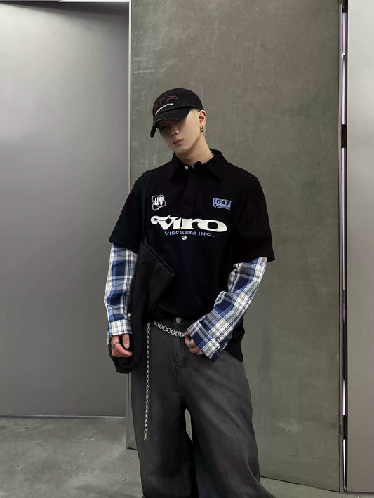 Fake Layered Oversize Polo Long Sleeve Shirt WN8200