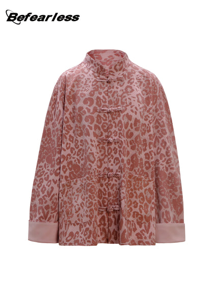 Leopard Print Frog Button Stand Neck Oversize Jacket WN26296