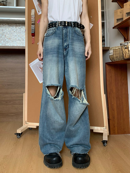 Raw Edge Wash Damage Wide Leg Denim Jeans WN19763