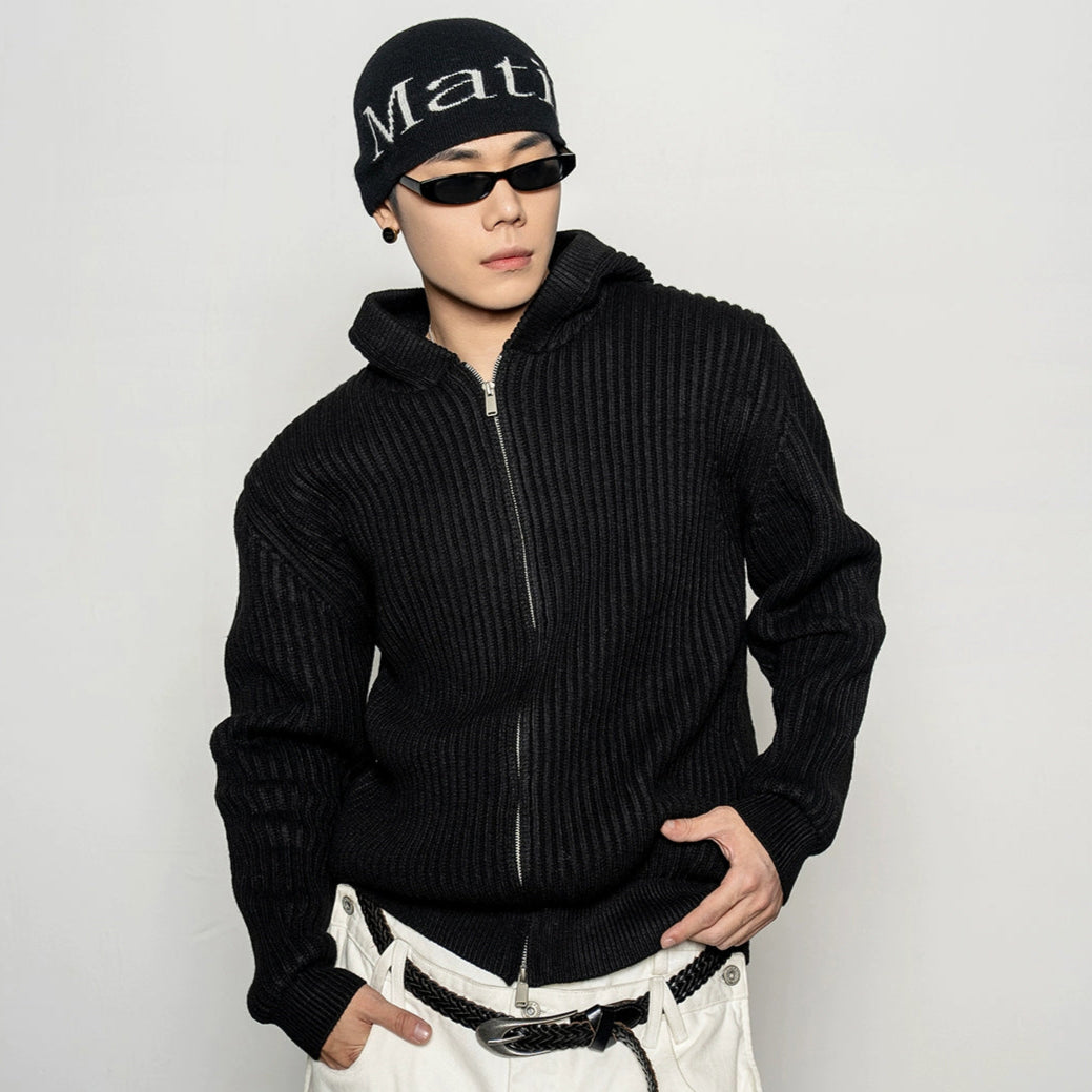 Ribbed Hooded Knit Cardigan WN20879